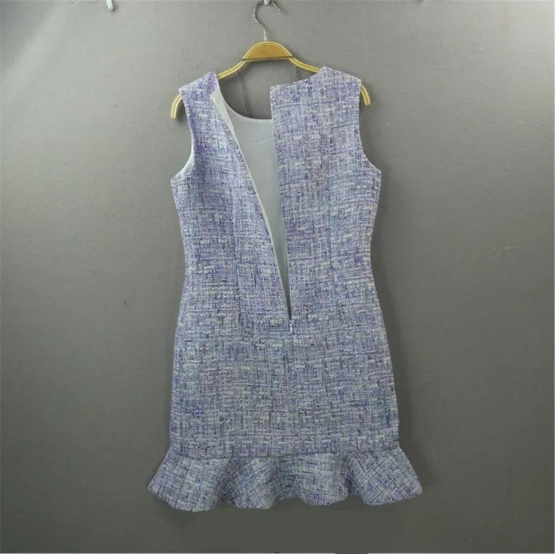 White Round Neck Tweed Fishtail Dress 4 Colours for Womens