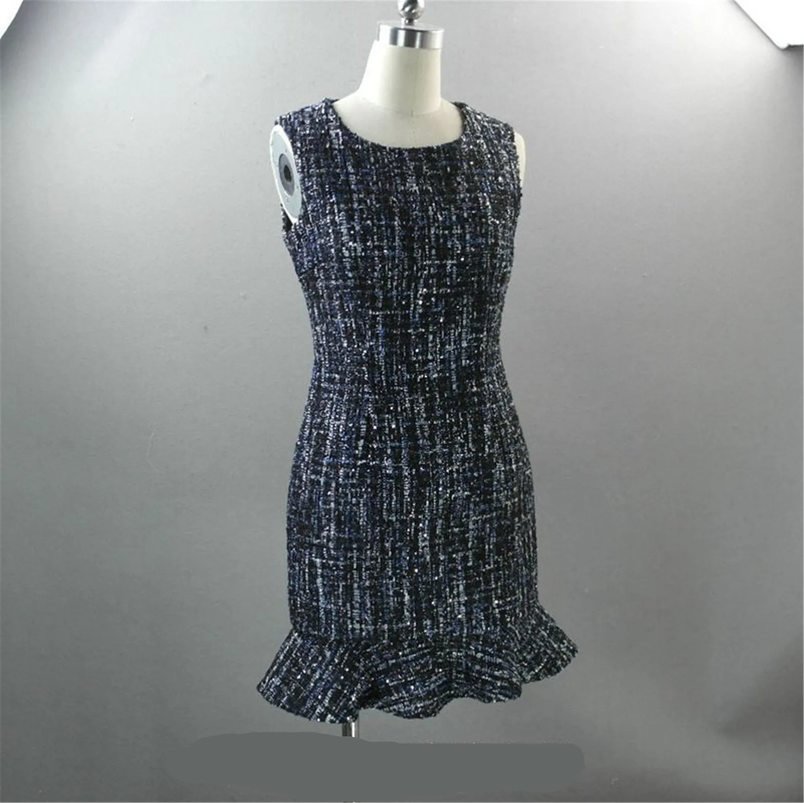 White Round Neck Tweed Fishtail Dress 4 Colours for Womens