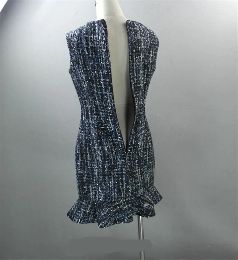 White Round Neck Tweed Fishtail Dress 4 Colours for Womens