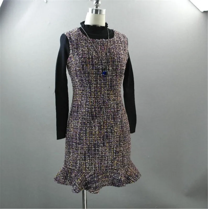 White Round Neck Tweed Fishtail Dress 4 Colours for Womens