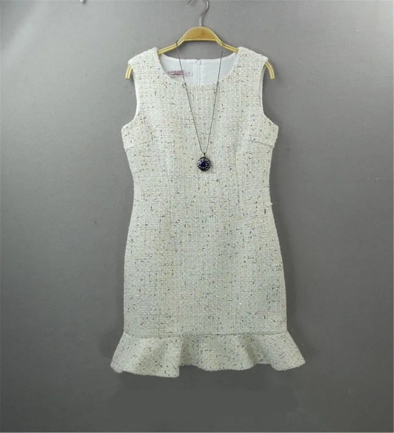 White Round Neck Tweed Fishtail Dress 4 Colours for Womens