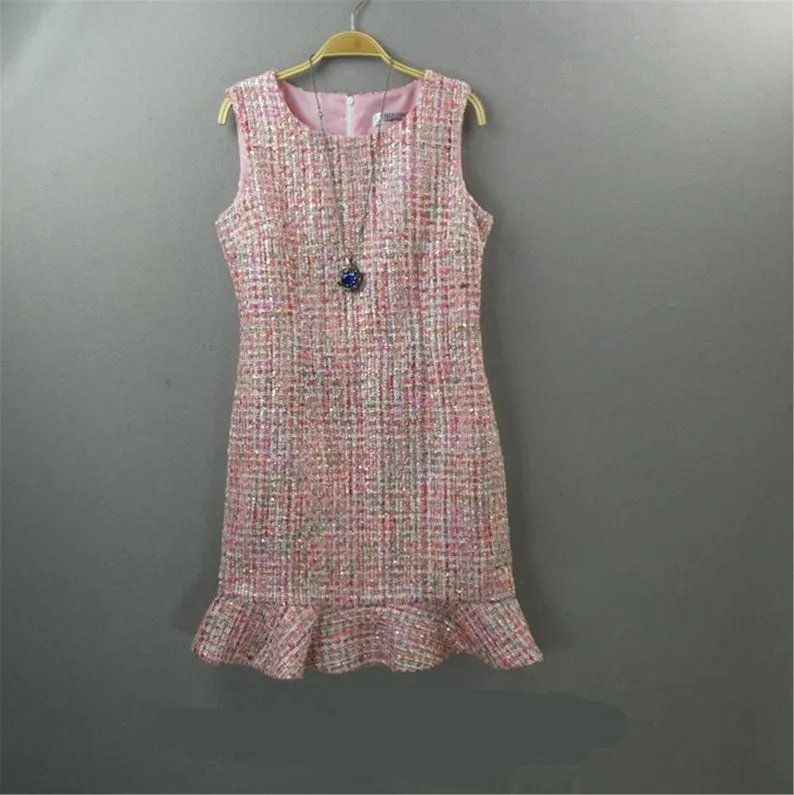 White Round Neck Tweed Fishtail Dress 4 Colours for Womens