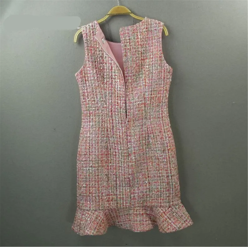 White Round Neck Tweed Fishtail Dress 4 Colours for Womens