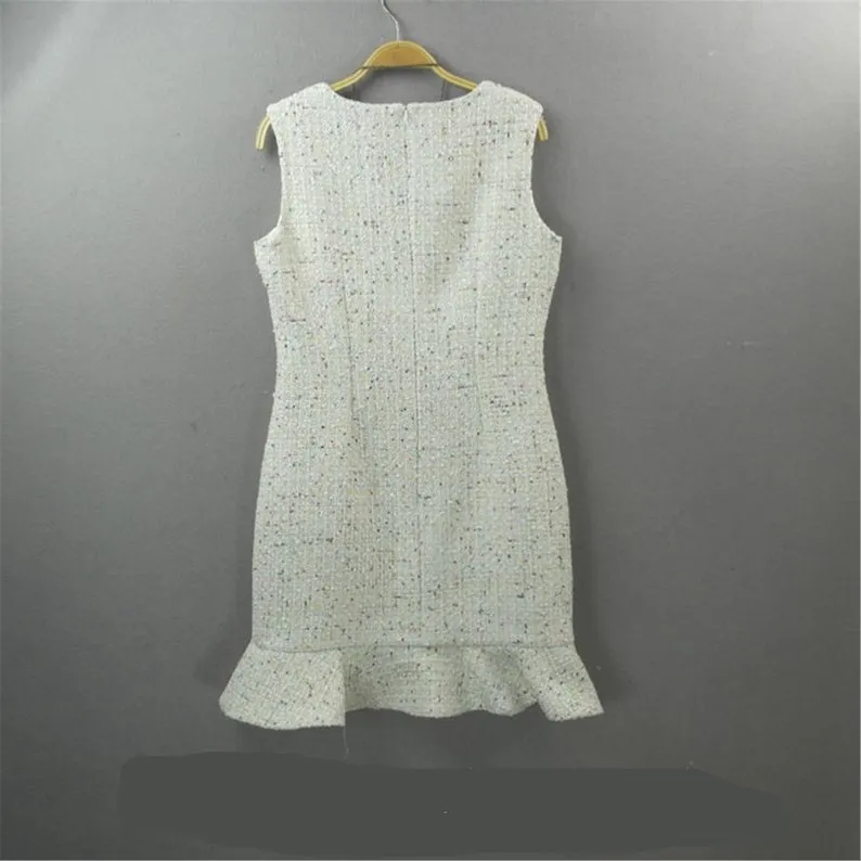 White Round Neck Tweed Fishtail Dress 4 Colours for Womens