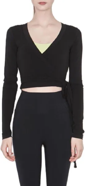 Women Cross Wrap Top Y2K Long Sleeve Deep V Neck Yoga Crop Top Tie Up Workout Ballet Top Shirt Blouse