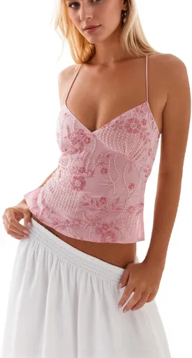 Women Sequin Cami Top Rhinestone Sparkle Sleeveless V Neck Camisole Open Back Summer Crop Top Party Clubwear