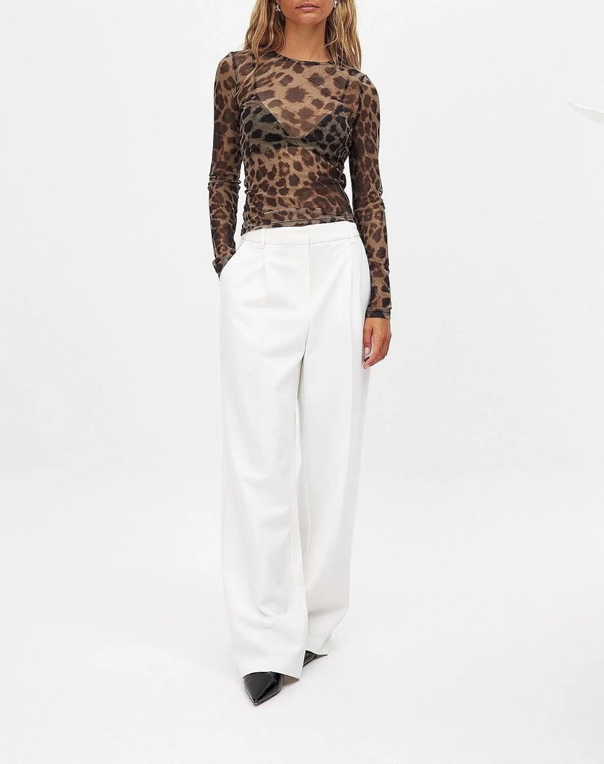 Women Y2k Sheer Mesh Top Leopard Long Sleeve See Through Layering Shirt Sexy Slim Fit Lace Crop Top Tee