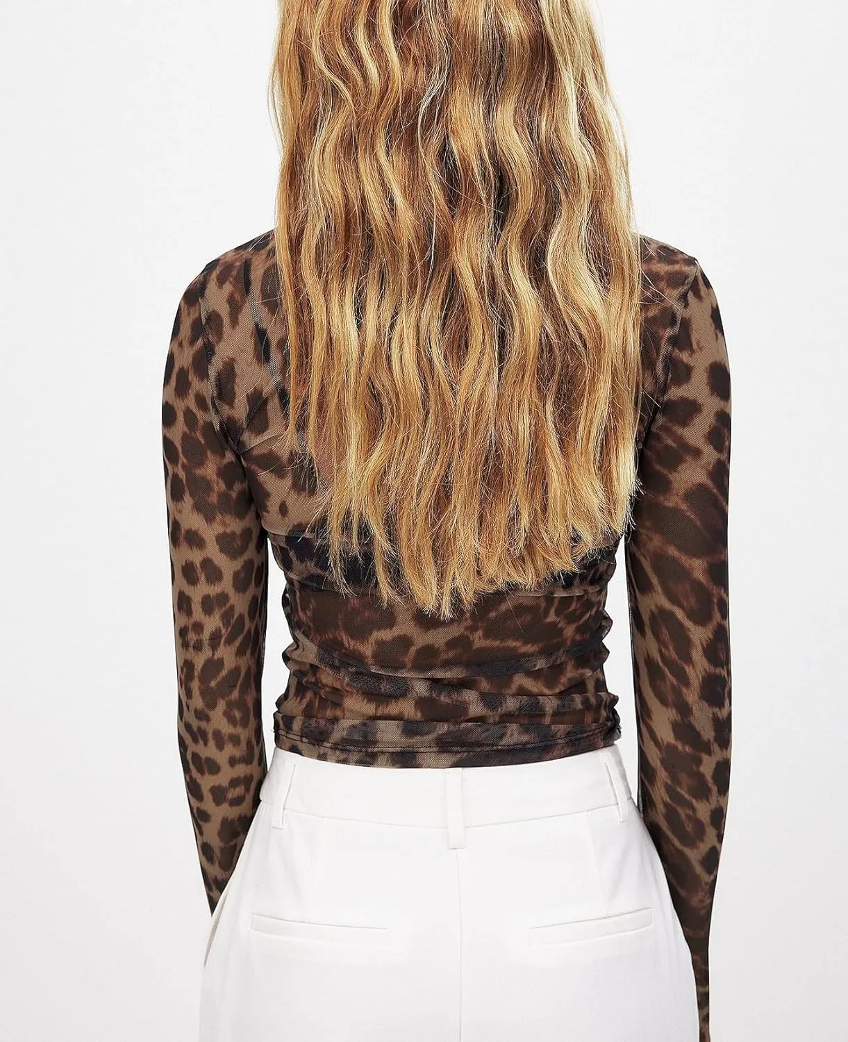 Women Y2k Sheer Mesh Top Leopard Long Sleeve See Through Layering Shirt Sexy Slim Fit Lace Crop Top Tee