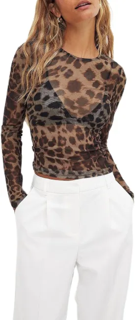 Women Y2k Sheer Mesh Top Leopard Long Sleeve See Through Layering Shirt Sexy Slim Fit Lace Crop Top Tee