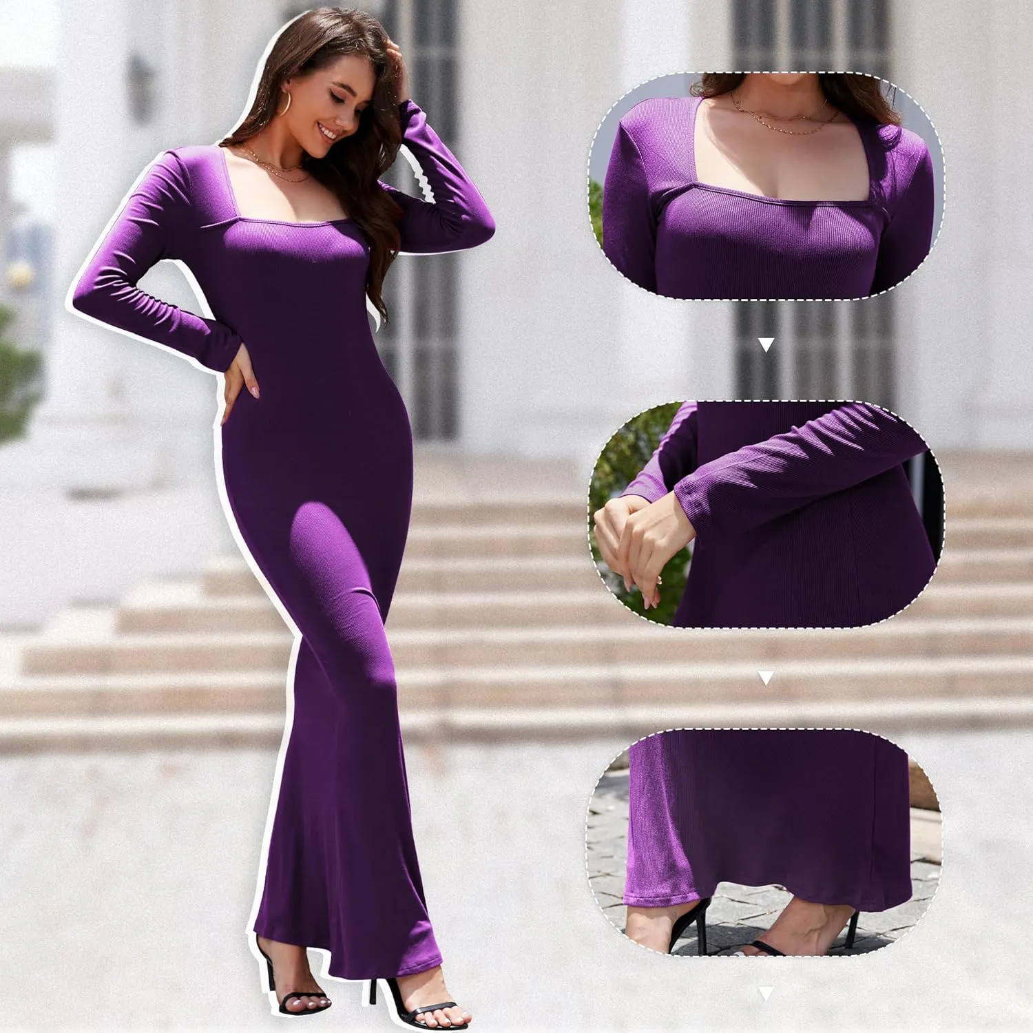 Women's 2025 Spring Dresses Square Neck Long Sleeve Ribbed Knit Elegant Evening Party Casual Bodycon Long Maxi Dress