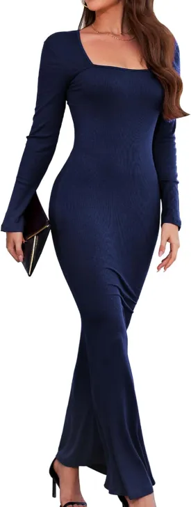 Women's 2025 Spring Dresses Square Neck Long Sleeve Ribbed Knit Elegant Evening Party Casual Bodycon Long Maxi Dress