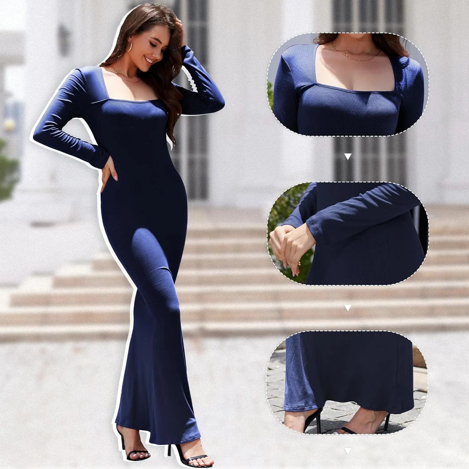 Women's 2025 Spring Dresses Square Neck Long Sleeve Ribbed Knit Elegant Evening Party Casual Bodycon Long Maxi Dress