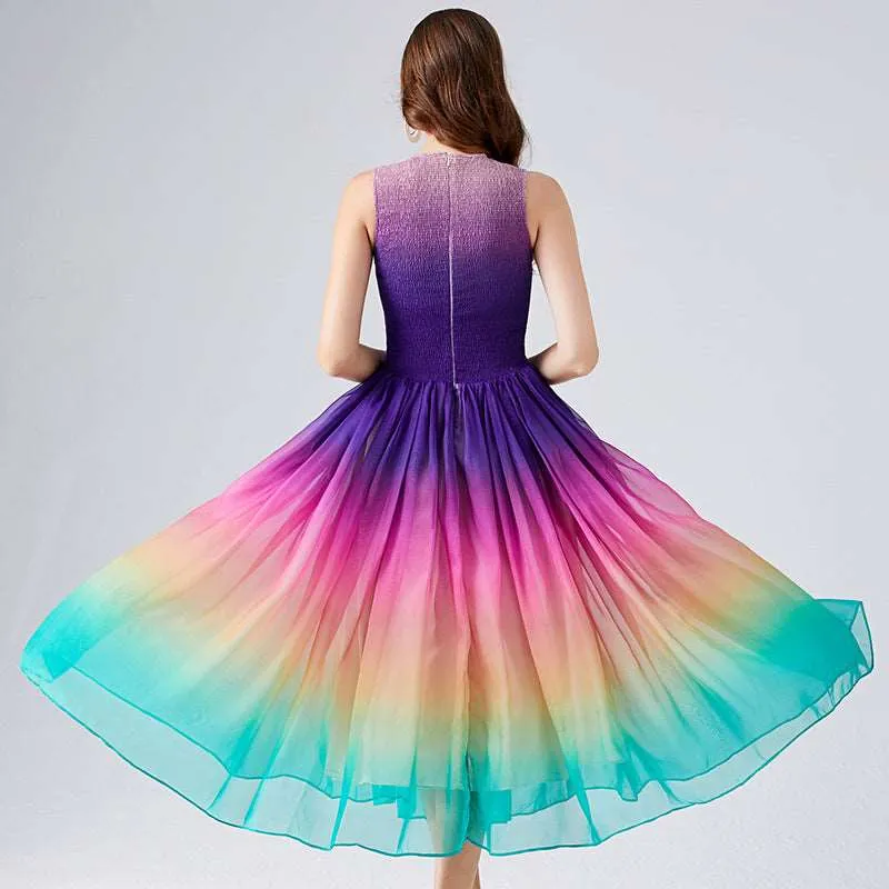 Women's A- Line Rainbow Gradient Chiffon Dress
