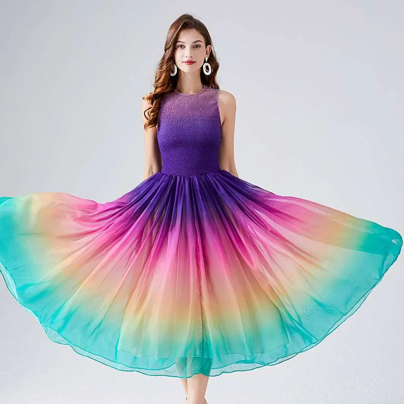 Women's A- Line Rainbow Gradient Chiffon Dress