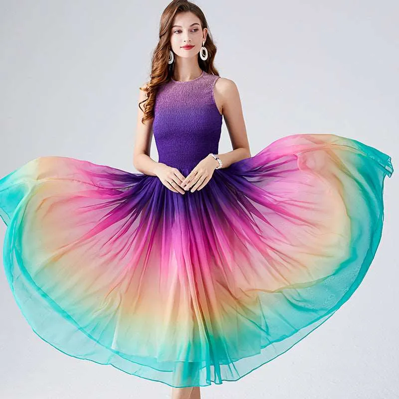 Women's A- Line Rainbow Gradient Chiffon Dress