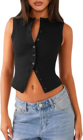 Womens Button Down Tank Top Sleeveless Ribbed Fitted Vest Casual Crewneck Trendy Y2K Going Out Crop Knit Vest Top