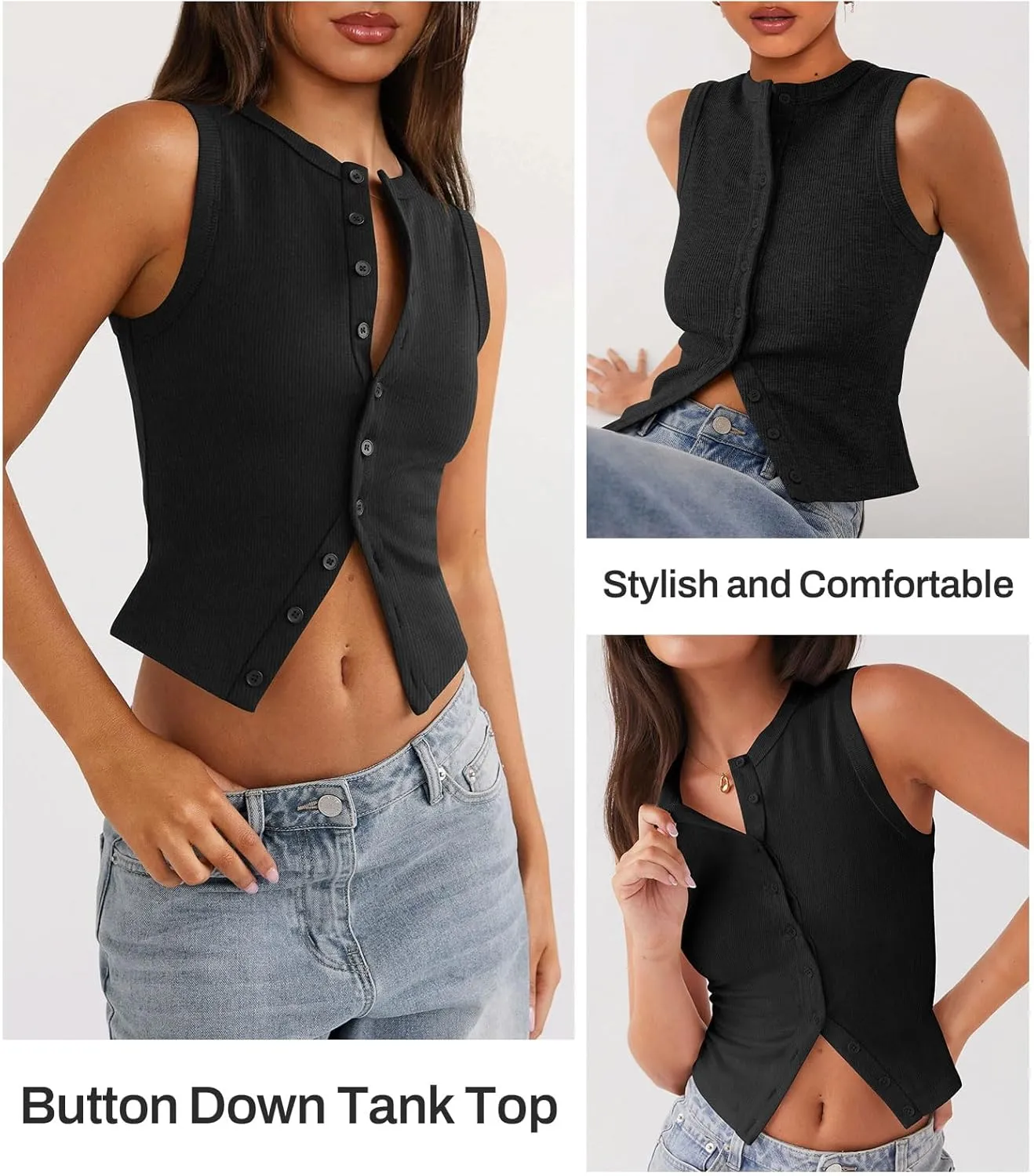 Womens Button Down Tank Top Sleeveless Ribbed Fitted Vest Casual Crewneck Trendy Y2K Going Out Crop Knit Vest Top
