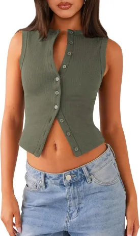 Womens Button Down Tank Top Sleeveless Ribbed Fitted Vest Casual Crewneck Trendy Y2K Going Out Crop Knit Vest Top