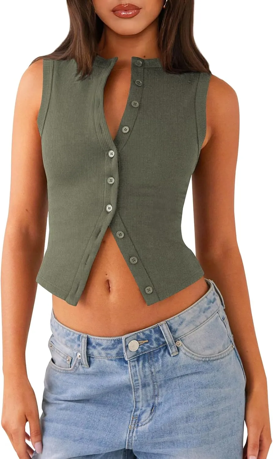 Womens Button Down Tank Top Sleeveless Ribbed Fitted Vest Casual Crewneck Trendy Y2K Going Out Crop Knit Vest Top