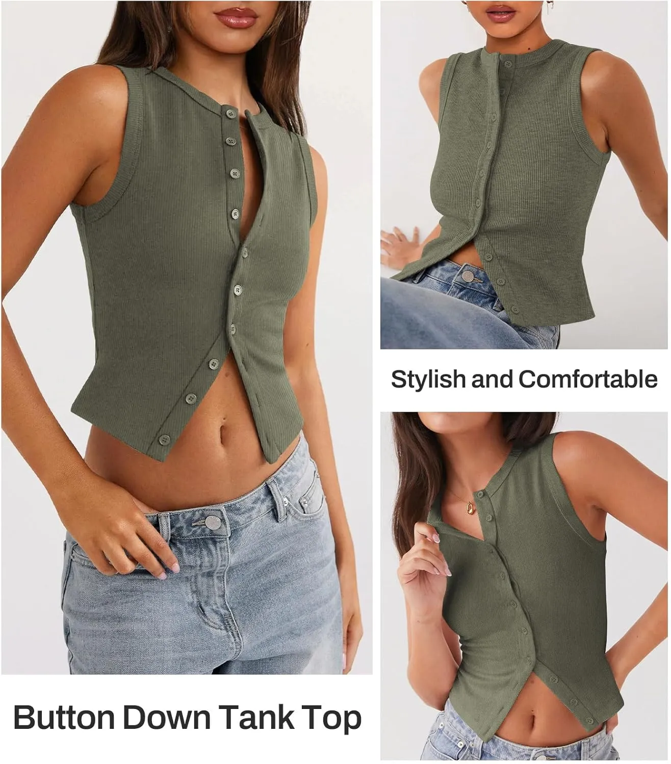 Womens Button Down Tank Top Sleeveless Ribbed Fitted Vest Casual Crewneck Trendy Y2K Going Out Crop Knit Vest Top