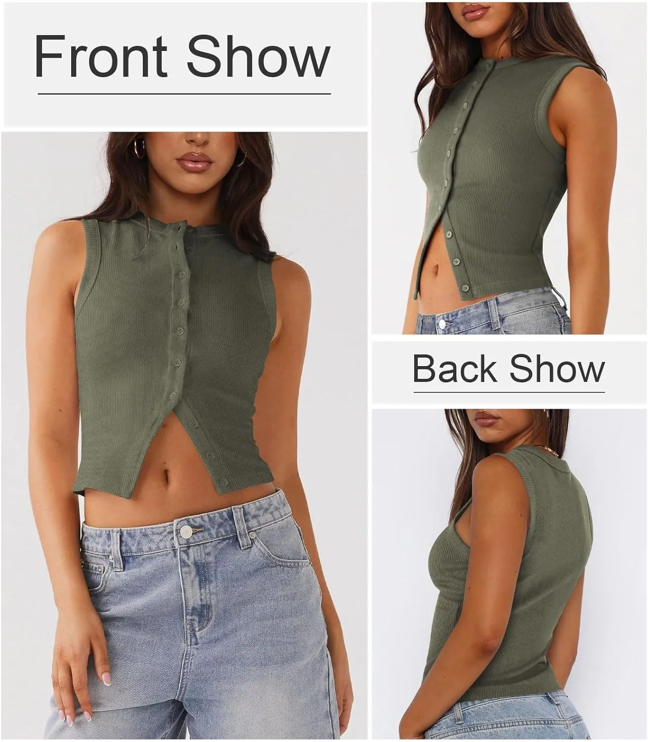 Womens Button Down Tank Top Sleeveless Ribbed Fitted Vest Casual Crewneck Trendy Y2K Going Out Crop Knit Vest Top