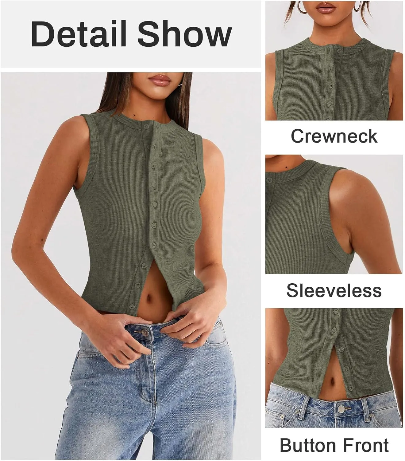 Womens Button Down Tank Top Sleeveless Ribbed Fitted Vest Casual Crewneck Trendy Y2K Going Out Crop Knit Vest Top