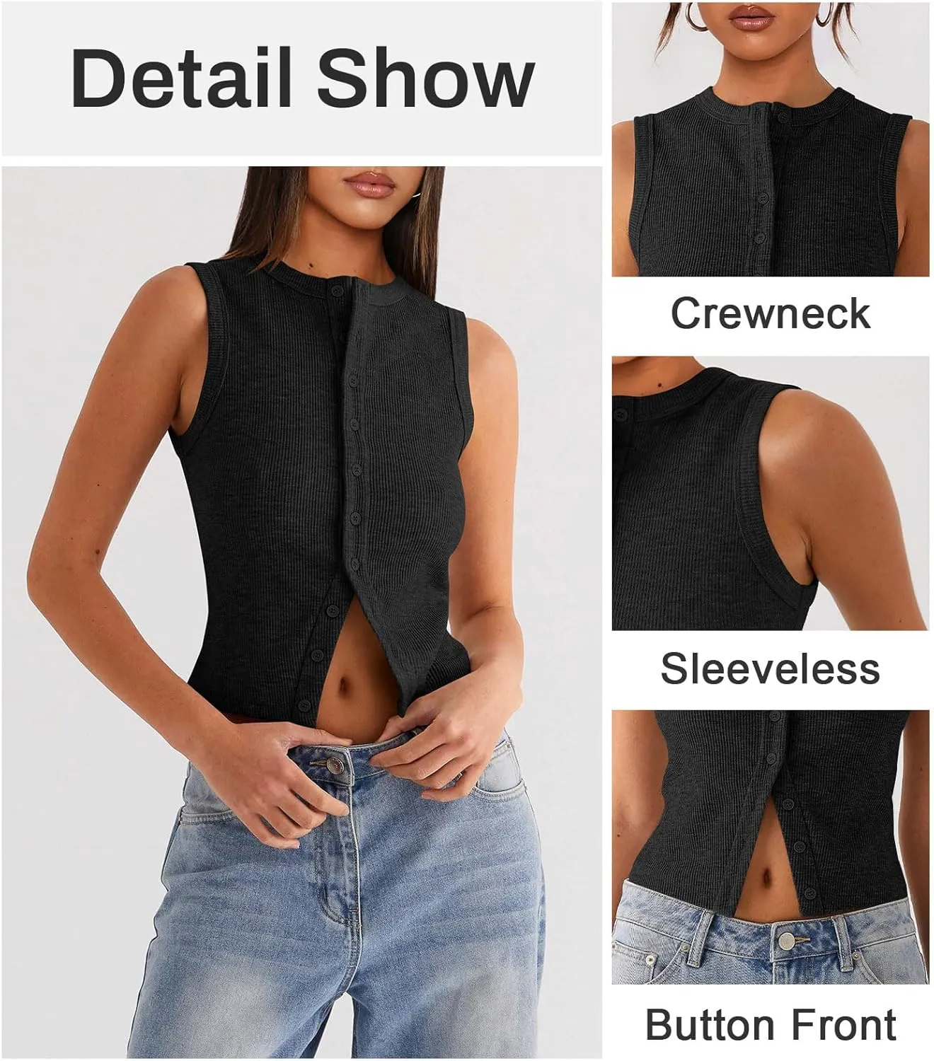 Womens Button Down Tank Top Sleeveless Ribbed Fitted Vest Casual Crewneck Trendy Y2K Going Out Crop Knit Vest Top