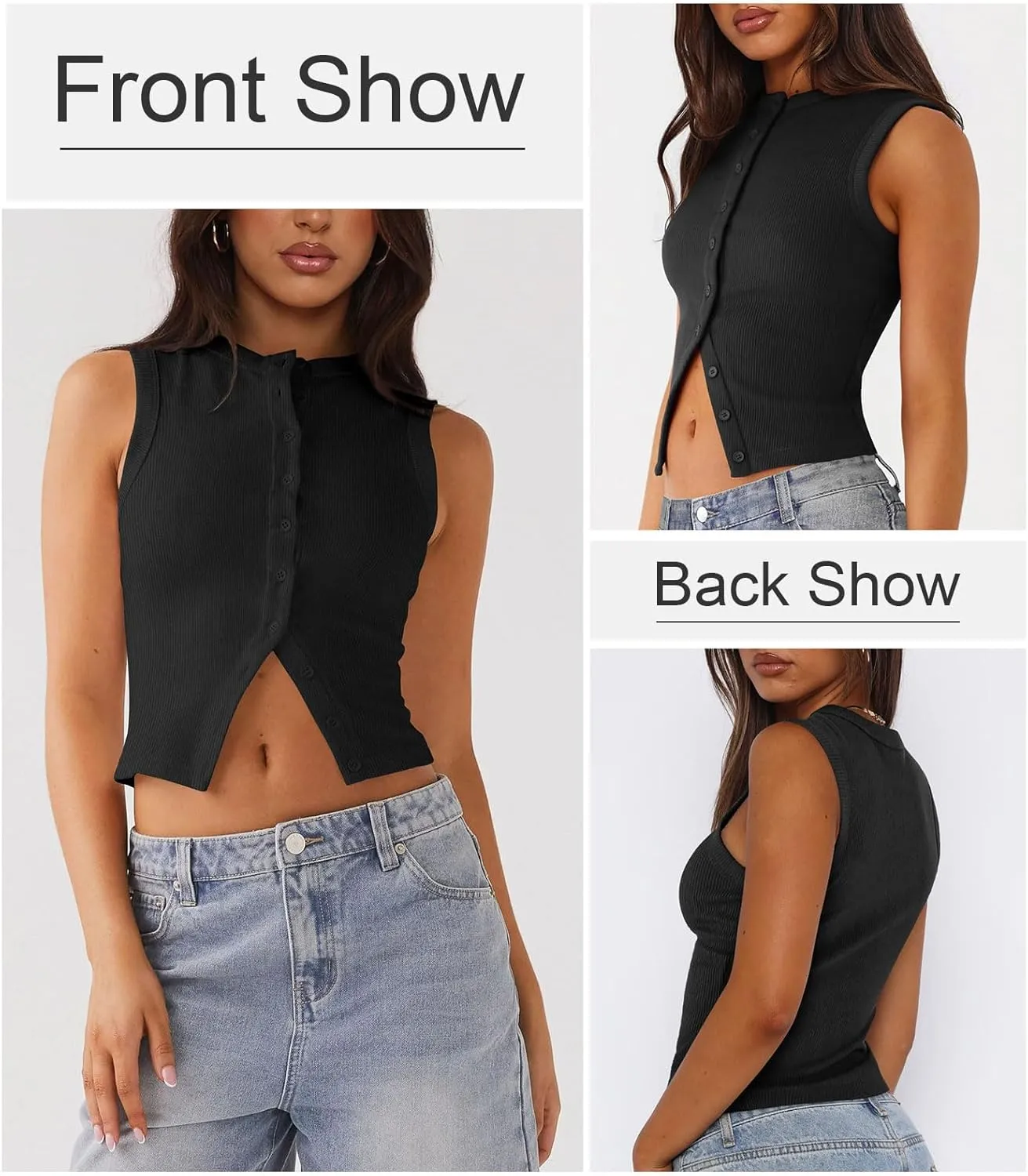 Womens Button Down Tank Top Sleeveless Ribbed Fitted Vest Casual Crewneck Trendy Y2K Going Out Crop Knit Vest Top
