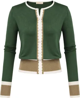 Women's Cardigan Sweater Color Block Long Sleeve Crew Neck Knit Cardigan Trendy Cropped Cardigan Shrug