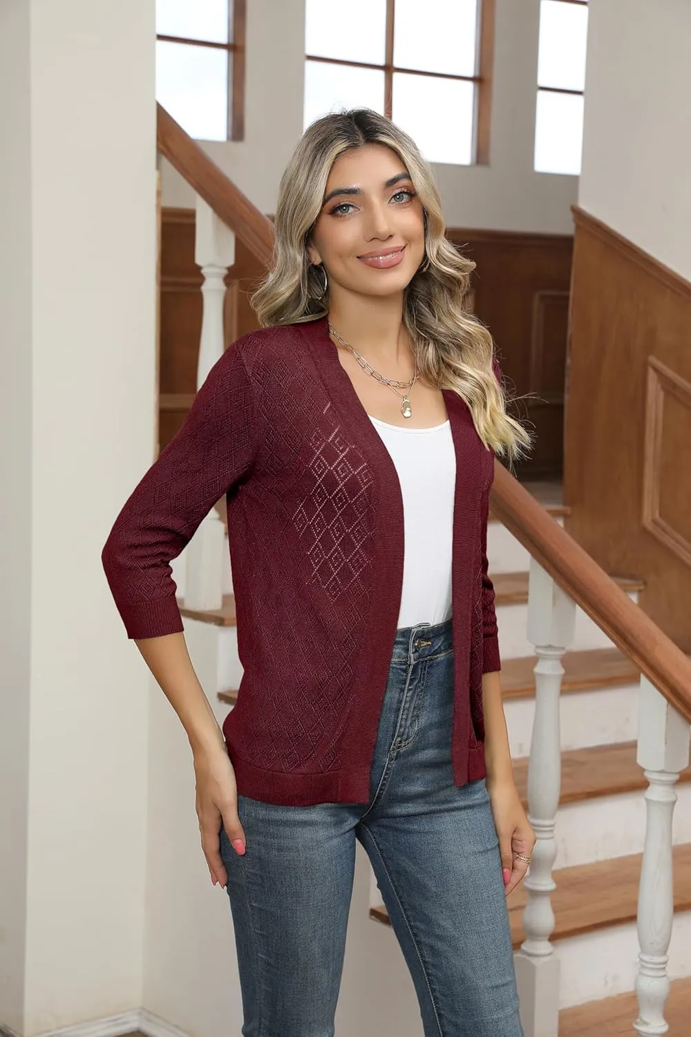 Women's Cardigans 3/4 Sleeve Open Front Lightweight Cropped Cardigan Sweater Hollow Out Knit Shrugs for Dresses