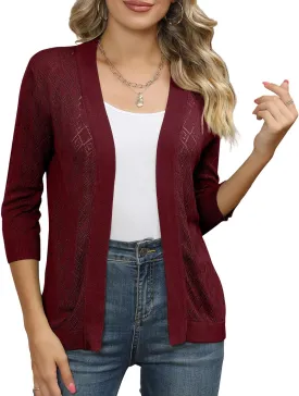 Women's Cardigans 3/4 Sleeve Open Front Lightweight Cropped Cardigan Sweater Hollow Out Knit Shrugs for Dresses