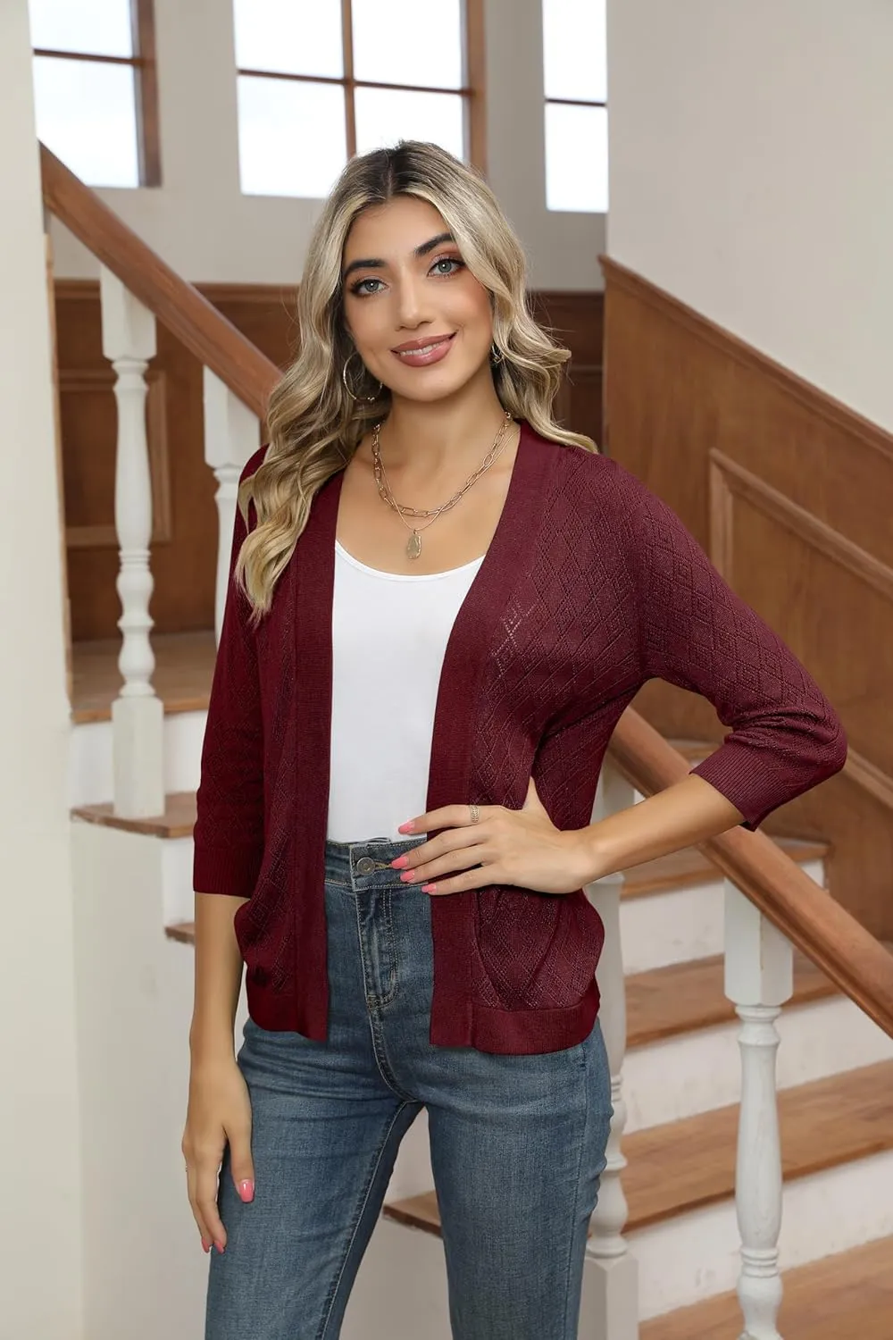 Women's Cardigans 3/4 Sleeve Open Front Lightweight Cropped Cardigan Sweater Hollow Out Knit Shrugs for Dresses