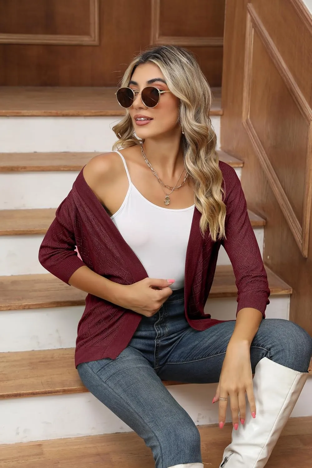 Women's Cardigans 3/4 Sleeve Open Front Lightweight Cropped Cardigan Sweater Hollow Out Knit Shrugs for Dresses