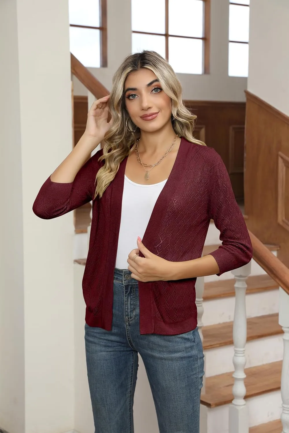 Women's Cardigans 3/4 Sleeve Open Front Lightweight Cropped Cardigan Sweater Hollow Out Knit Shrugs for Dresses