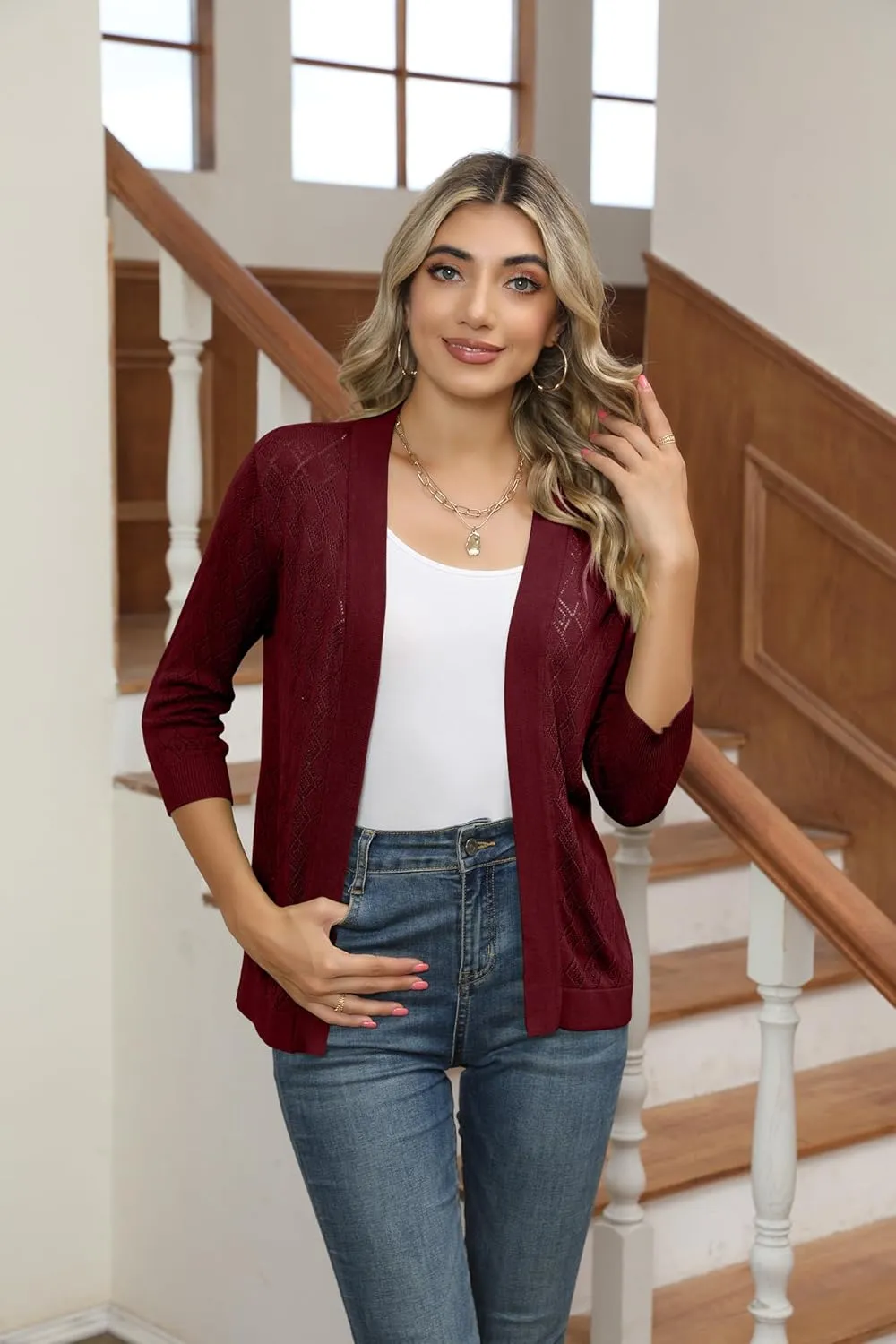 Women's Cardigans 3/4 Sleeve Open Front Lightweight Cropped Cardigan Sweater Hollow Out Knit Shrugs for Dresses