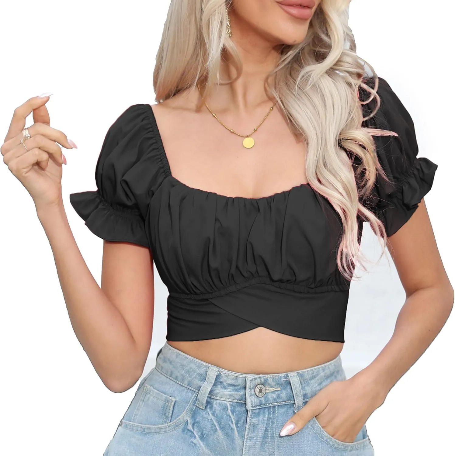 Women's Crop Tops Ruffle Short Sleeve Tie Back Summer Off Shoulder Top Blouse