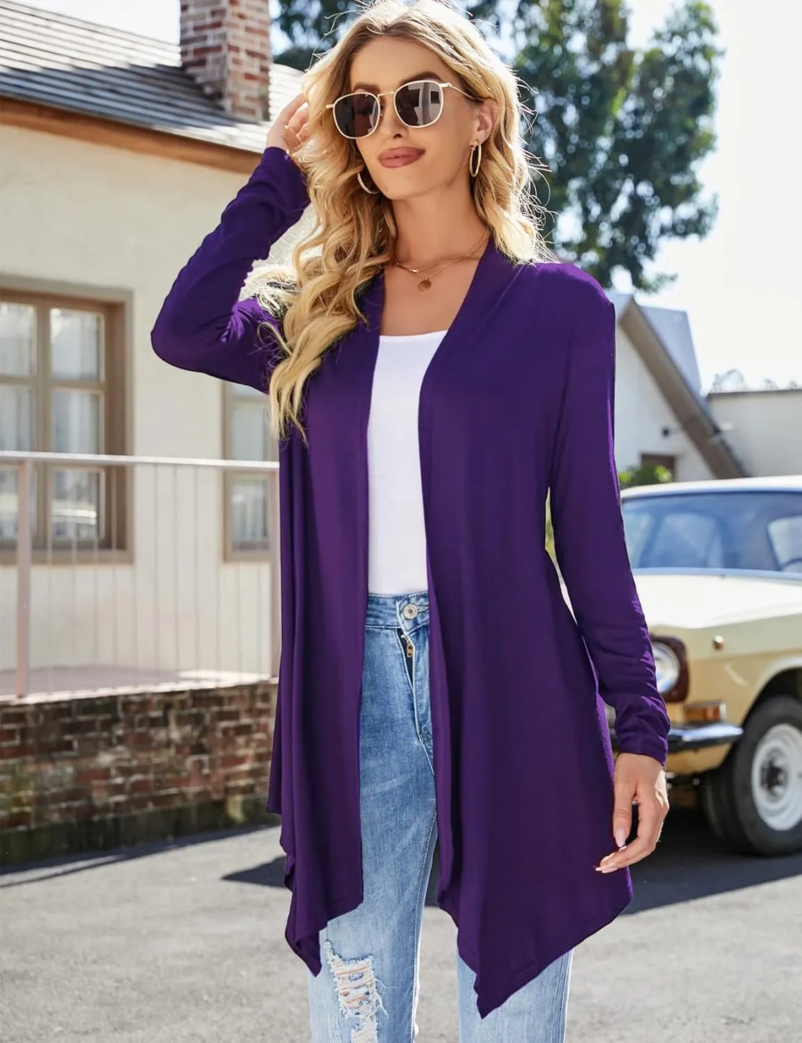 Women's Draped Front Open Cardigan Casual Long Sleeve Lightweight Cardigan Sweaters Duster