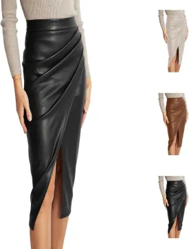 Women's Faux Leather Midi Skirt Solid Color High Waist Long Front Side Slit Zip Back Ruched Bodycon Pencil Midi