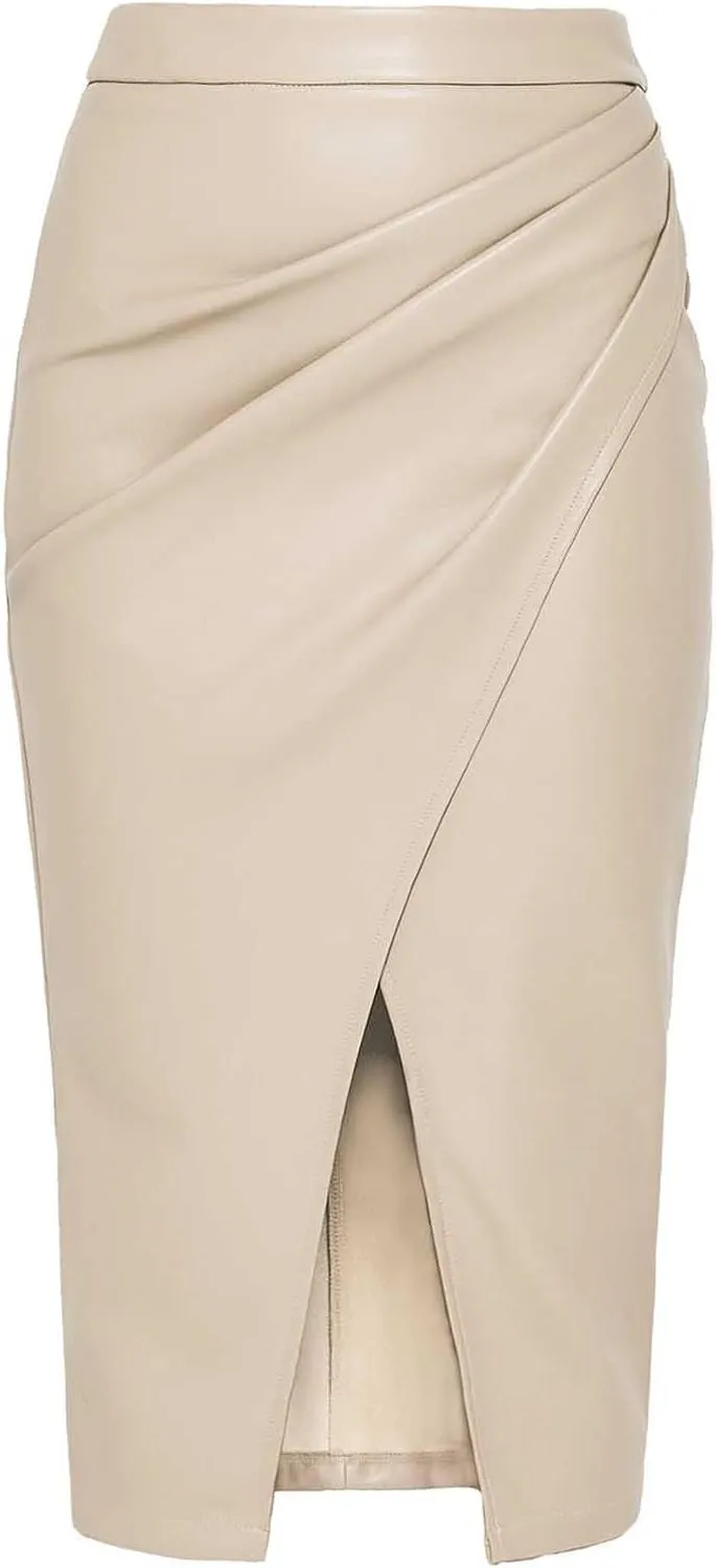 Women's Faux Leather Midi Skirt Solid Color High Waist Long Front Side Slit Zip Back Ruched Bodycon Pencil Midi