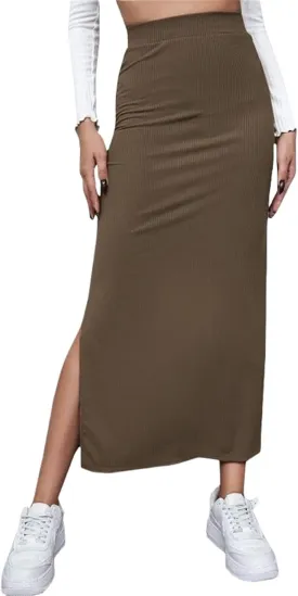 Women's High Waist Pencil Skirt, Casual Long Knit Skirt with Side Slit, Spring Pencil Slit Tummy Control Elastic High
