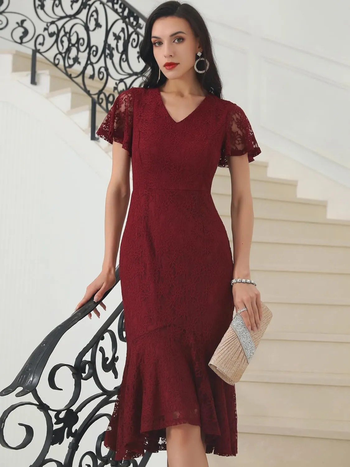 Womens' Lace Floral Dresses Fishtail Formal Cocktail Short Sleeve Midi Dress