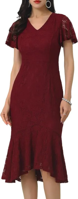 Womens' Lace Floral Dresses Fishtail Formal Cocktail Short Sleeve Midi Dress
