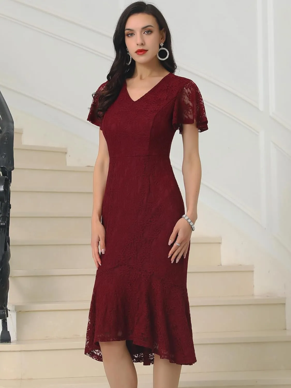 Womens' Lace Floral Dresses Fishtail Formal Cocktail Short Sleeve Midi Dress