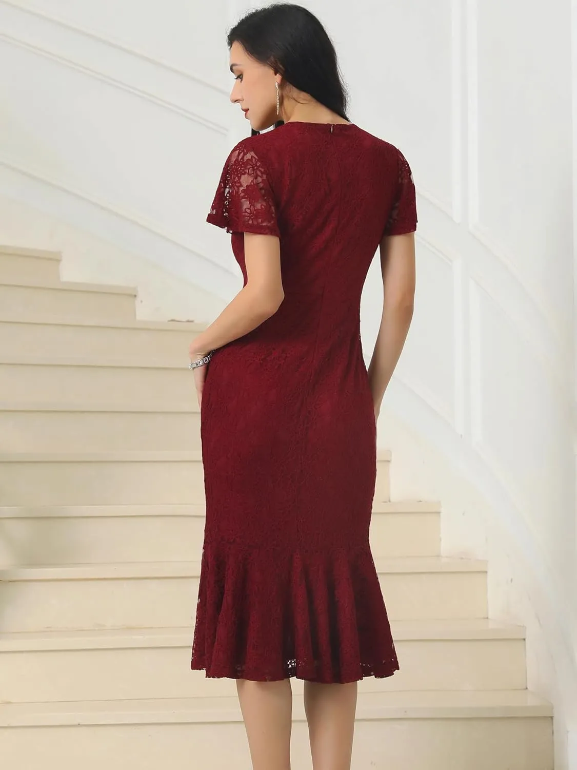 Womens' Lace Floral Dresses Fishtail Formal Cocktail Short Sleeve Midi Dress