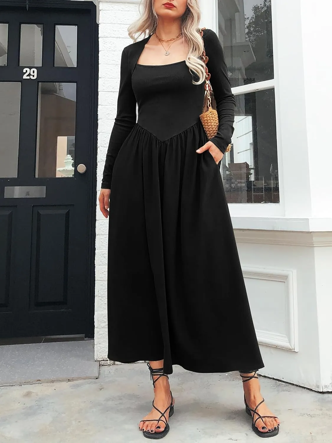 Women's Long Sleeve Maxi Dress 2024 Fall Crewneck Knit Casual Solid Wedding Guest Flowy Long Dress with Pockets