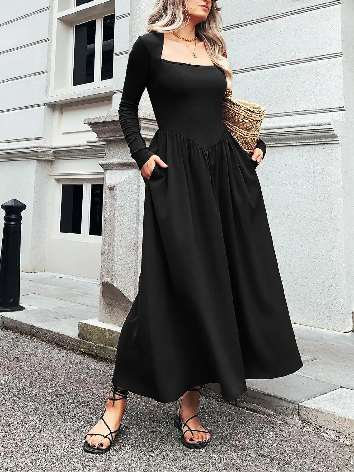 Women's Long Sleeve Maxi Dress 2024 Fall Crewneck Knit Casual Solid Wedding Guest Flowy Long Dress with Pockets