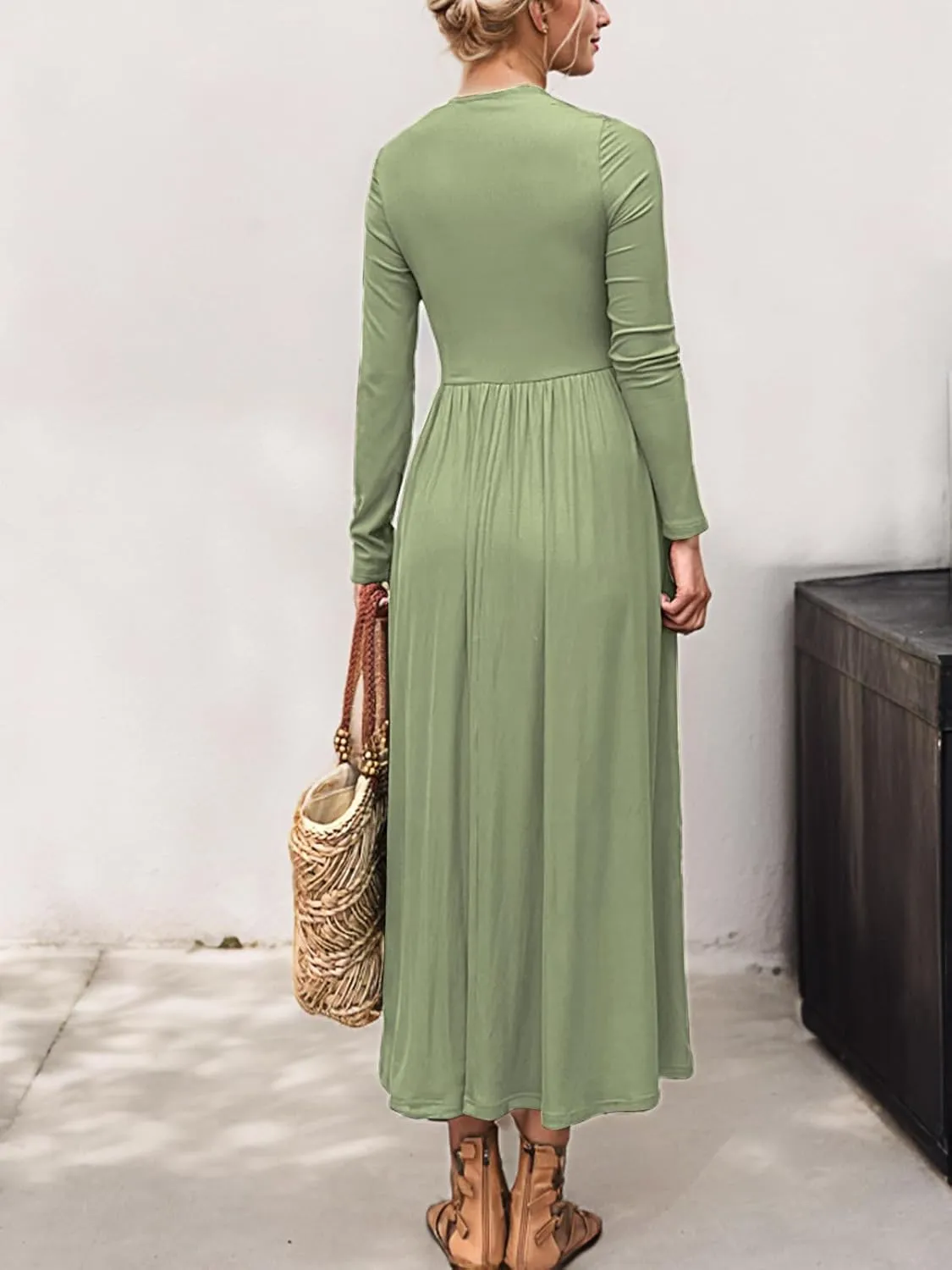Women's Long Sleeve Maxi Dress 2024 Fall Crewneck Knit Casual Solid Wedding Guest Flowy Long Dress with Pockets