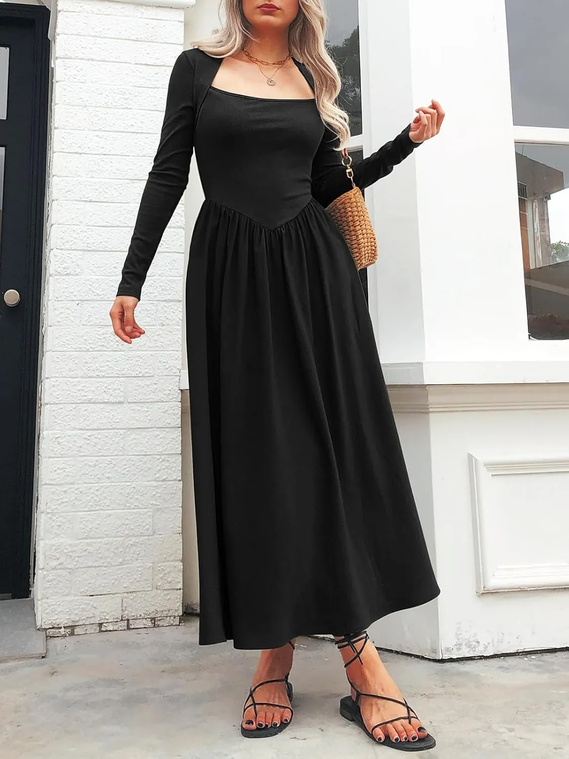 Women's Long Sleeve Maxi Dress 2024 Fall Crewneck Knit Casual Solid Wedding Guest Flowy Long Dress with Pockets
