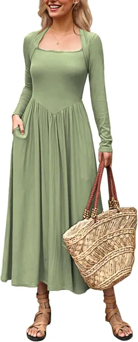 Women's Long Sleeve Maxi Dress 2024 Fall Crewneck Knit Casual Solid Wedding Guest Flowy Long Dress with Pockets