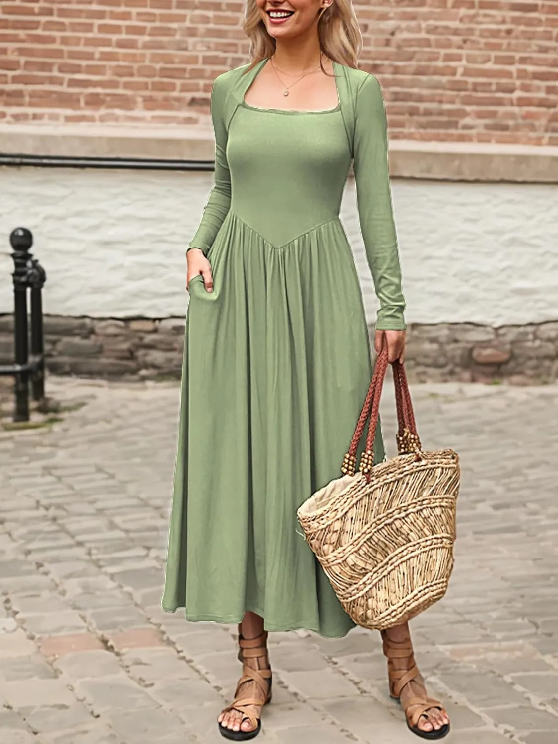 Women's Long Sleeve Maxi Dress 2024 Fall Crewneck Knit Casual Solid Wedding Guest Flowy Long Dress with Pockets